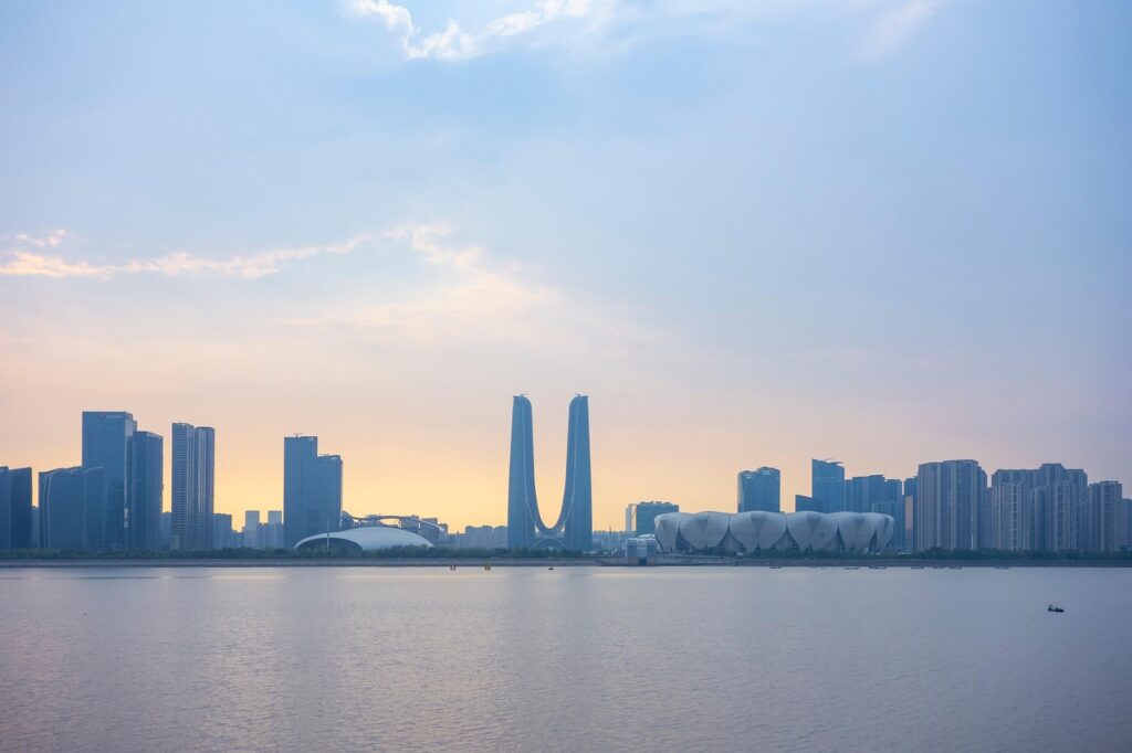 hangzhou, qiantang river, city, river, sunrise, nature, skyline, skyscrapers, buildings, urban, sky, early morning, dawn