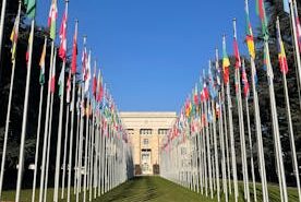 Flags outside the United Nations Office in Geneva under a clear blue sky.